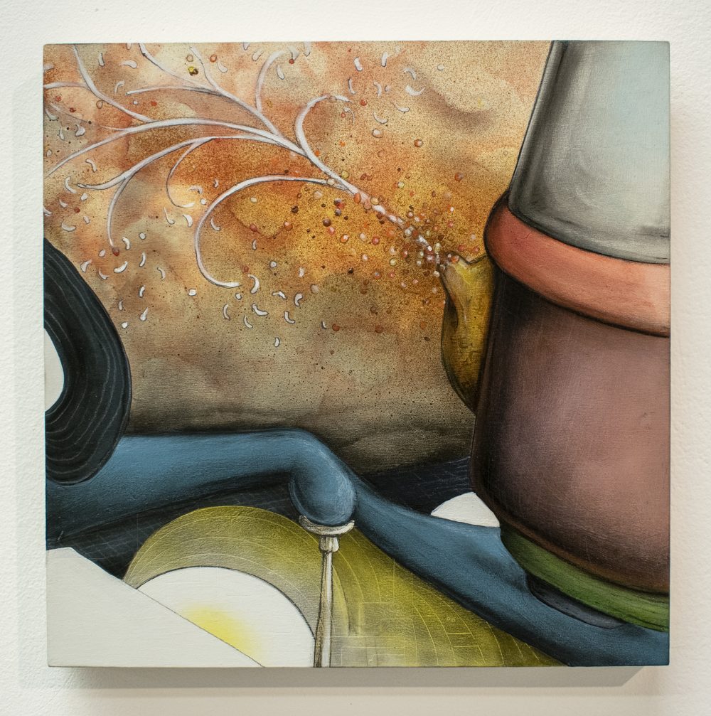 Small abstract painting painted in trompe l'oeil style. In the top right corner is a grey trapezoidal shape that sits on top of a red band that sits on top of a purple diamond shape, that in turn sits on a slender green band. On the bottom left corner is a white angular form adjacent to a curved white shape. Going across the bottom is a yellow and grey shape on top of which is a blue band. The dominant form begins on the upper left and extends into the center of the painting. This is area is layered with shades of grey, orange and yellow and a whiteplant like form is drawn on top of those colors.