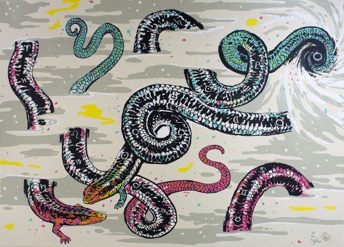 Modern print art with turquoise, yellow, pink, white and grey colors. There are different colored curling serpent bodies but legs.