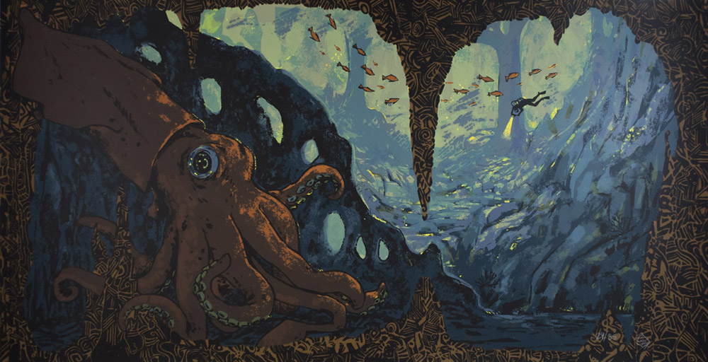 Modern print art. There is a brown squid in the foreground in an underwater cave. In the background there is a scuba diver shining a light and surrounded by fish.