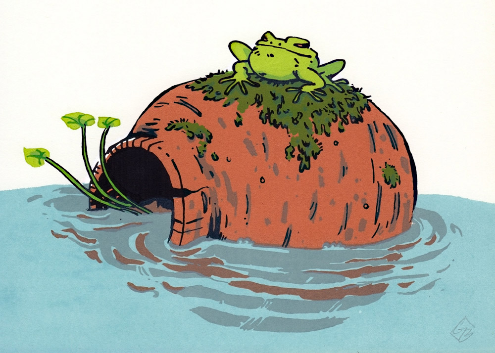 Modern print art. Bright green frog is sitting on top of a clay pot which is turned on its side and half submersed in water.