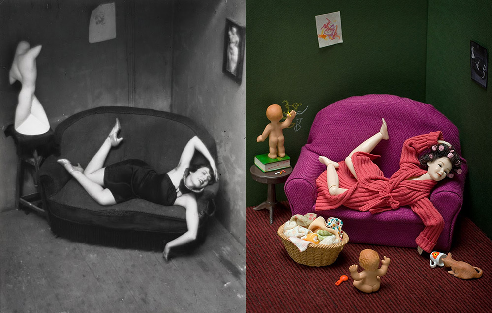 Woman laying on a sofa, left in black and white, right in color