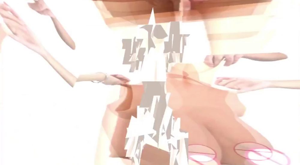 Still image from a video. Flesh toned forms resembling human parts - arms, hands and a torso - are depicted as different planes that are cut and layered and placed across the foreground of the image. Smaller gray and white abstract angular forms, also like cut outs, are at the center. The planes seem to vibrate across a white background, with hints of light yellow hovering around the spaces.