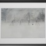 Landscape drawing with black frame. The charcoal drawing is of a swing set in a field of snow. In the foreground of the drawing is white snow. The middle ground depicts three empty swings, with the legs of the structure (drawn as upside down V shapes) in between them and on either end of the structure. In the background are trees. The drawing is in subtle black and white tones and the overall mood of the piece is stillness and quiet.