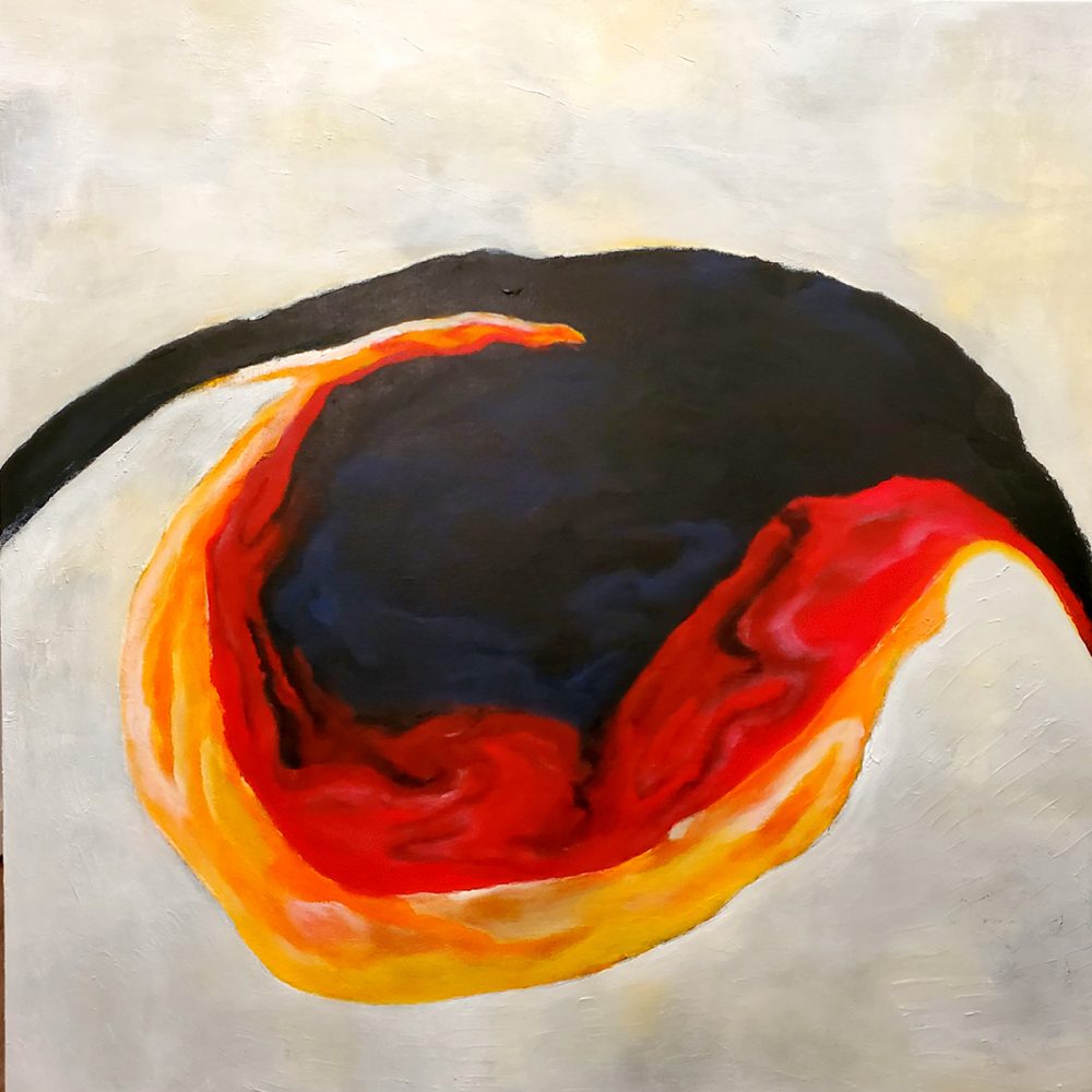 Abstract painting with a rounded pear shape in shades of yellow, orange, red and black. A black line bisects the painting as it forms a horizontal mound. The background is painted in blended shades of white, grey and yellow.
