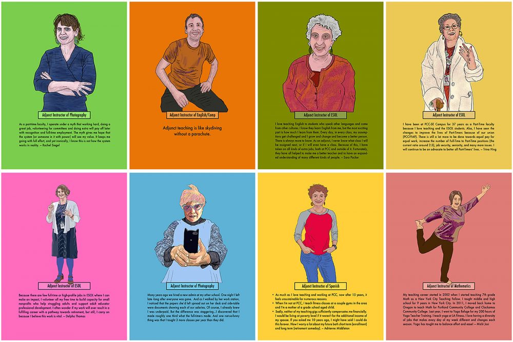 Digitally illustrated portraits are displayed in a grid of 2 rows, each with four brightly colored rectangles. Each portrait is of an individual, and a paragraph of text below each person contains a quote from that person. Colors include green, orange, pink, yellow and blue.