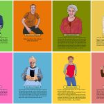 Digitally illustrated portraits are displayed in a grid of 2 rows, each with four brightly colored rectangles. Each portrait is of an individual, and a paragraph of text below each person contains a quote from that person. Colors include green, orange, pink, yellow and blue.