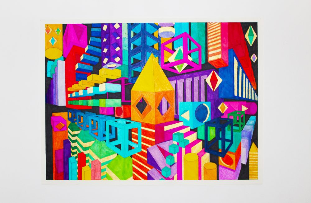 Gigi Davies; Point Perspective City, 2019; Ink and Watercolor Markers on Paper; 18 x 24"; Basic Design