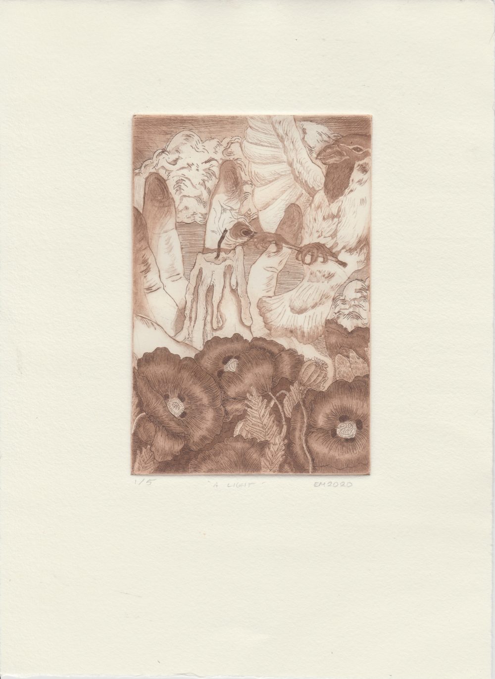 Emerson Mitchell; A Light, 2020; Etching, Aquatint, and Drypoint on Hahnemuhle Copperplate paper; 11 x 8"; Printmaking