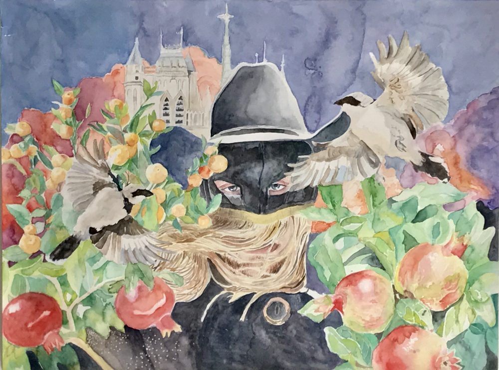 Emerson Mitchell; Trouble in Paradise, 2020; Watercolor and Gouache on Cold Press Paper; 18 x 24"; Painting