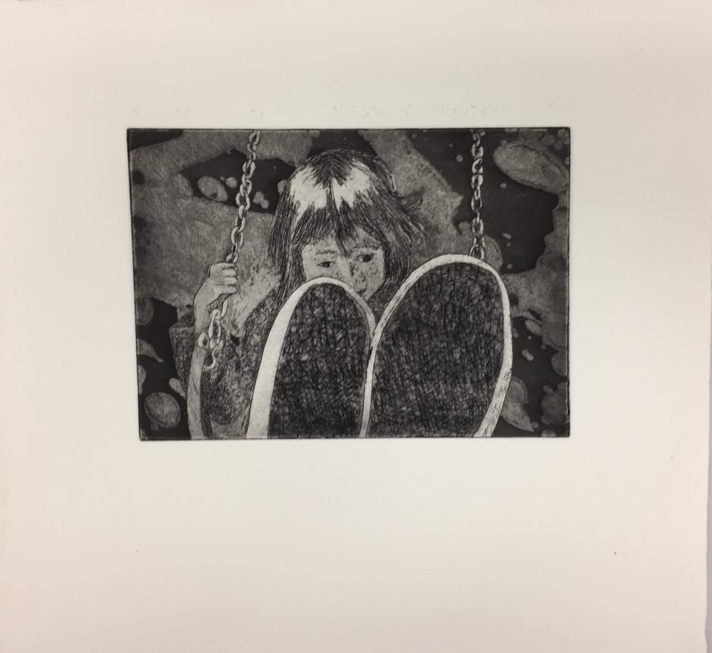 Kambra Phoebus; Swinging, 2019; Intaglio, Dry Point, Etching, and Aquatint; 10 x 11"; Printmaking