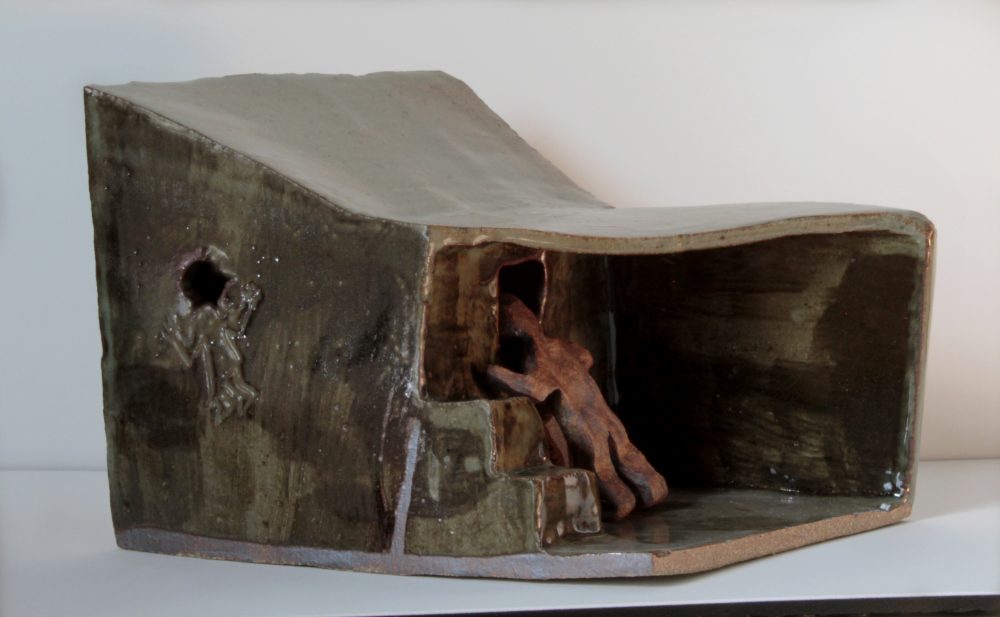 Janice Archer, Scary Dream (view of one side), 2019, ceramics, 5.5" x 10.5" x 8.5"