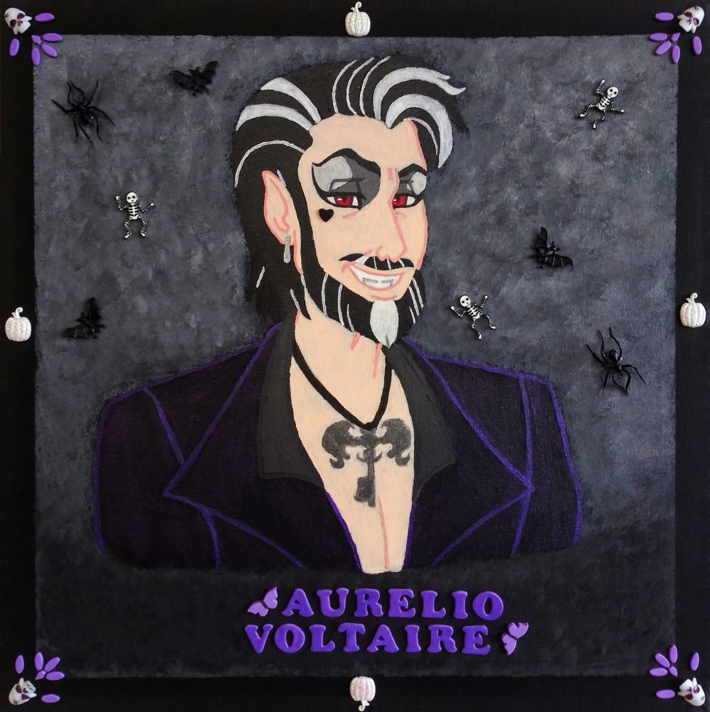 Jareth Austin, Aurelio Voltaire in Don Bluth Style, 2019, acrylic paint, metallic acrylic paint, stickers, toy rings, gel pens, 20" x 20"