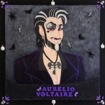 Jareth Austin, Aurelio Voltaire in Don Bluth Style, 2019, acrylic paint, metallic acrylic paint, stickers, toy rings, gel pens, 20" x 20"