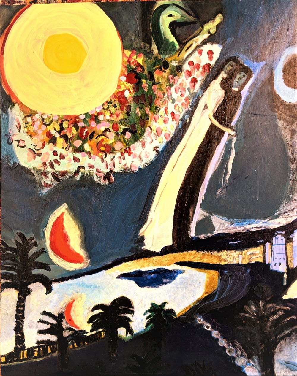 Jennifer Austin, Lovers in the Sky of Nice, 2019, acrylic on wood, 30" x 24"