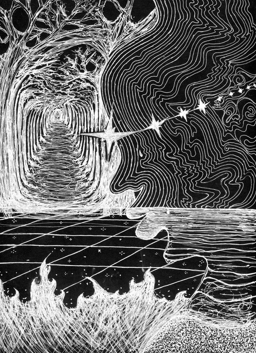 Dell Kory, New Skin, 2020, gel pen, black paper, 12" x 9"