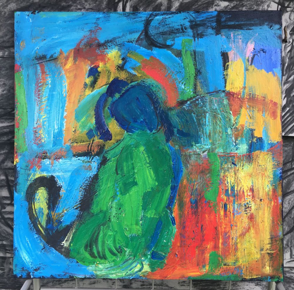 Gus Bertram, Blue Dancer, 2020, acrylic and charcoal on canvas, 24" x 24"