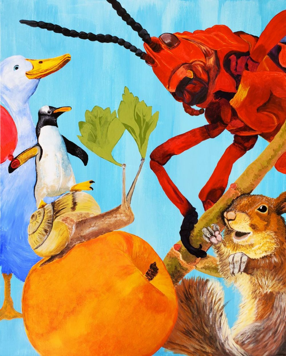 Bernadette Bonk, Unlikely Friends, 2019, acrylic on stretched canvas, 30" x 24"