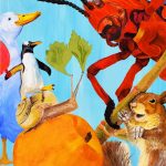 Bernadette Bonk, Unlikely Friends, 2019, acrylic on stretched canvas, 30" x 24"