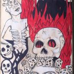 Aimee Brentnell, Alien Cannibal Apocalypse, 2020, microns, watercolor markers, 2B pencil, white charcoal on a skateboard deck, 32" x 8.5"