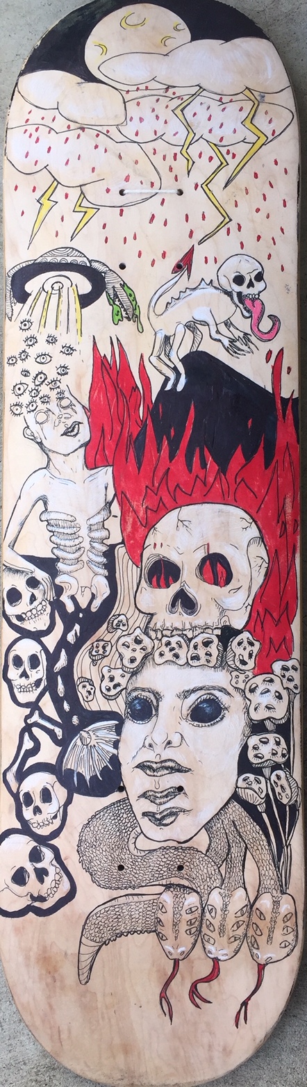Aimee Brentnell, Alien Cannibal Apocalypse, 2020, microns, watercolor markers, 2B pencil, white charcoal on a skateboard deck, 32" x 8.5"