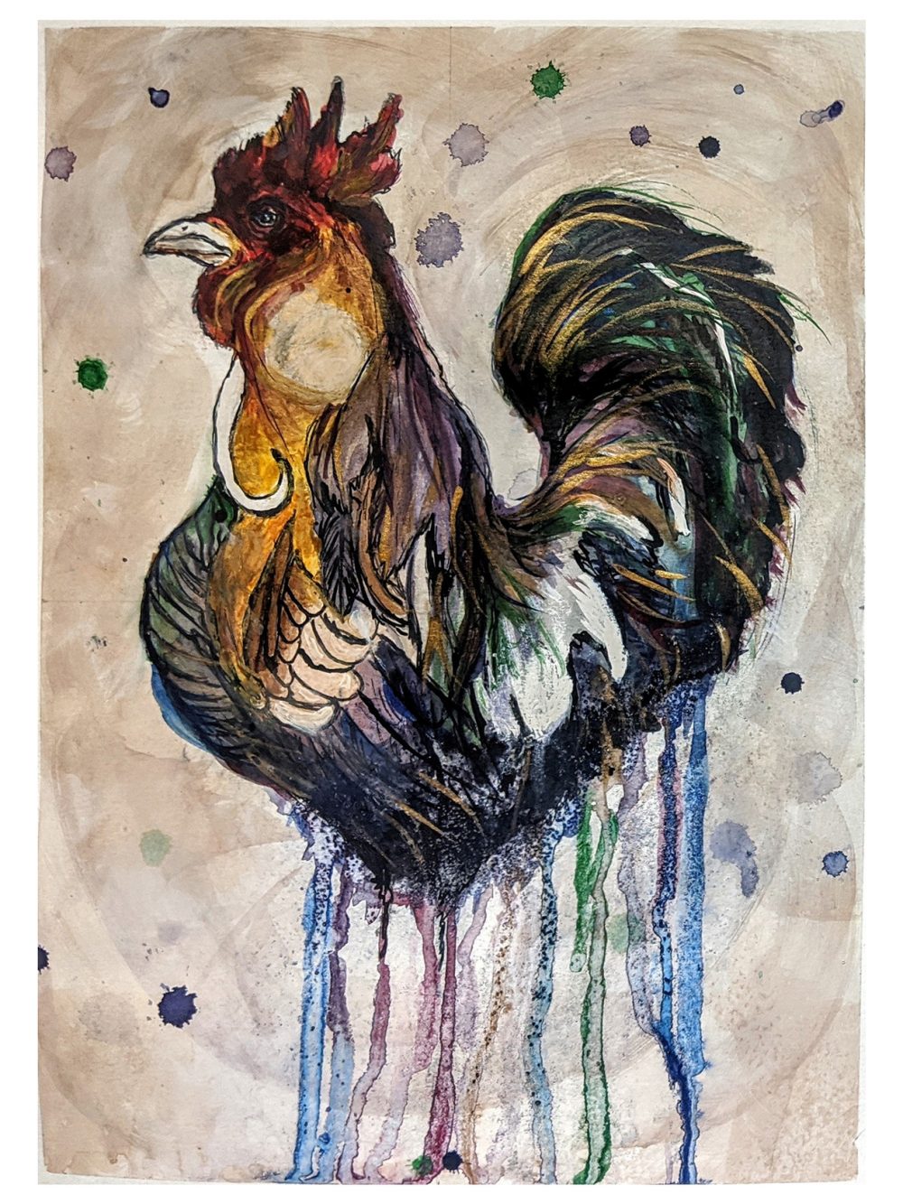 Joey DeSilva, Rooster Ink, 2020, graphite, ink & watercolor, on watercolor paper, 16" x 12"