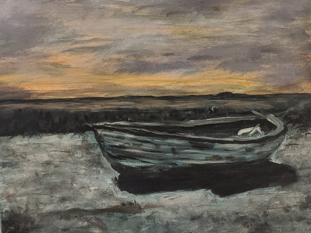 Joey DeSilva, Row Boat, 2019, acrylic paint on canvas, 18" x 24"