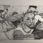 German Amaya, Damian Lillard's The Shot, 2020, pigma micron black archival ink on Strathmore drawing paper, 18" x 24"