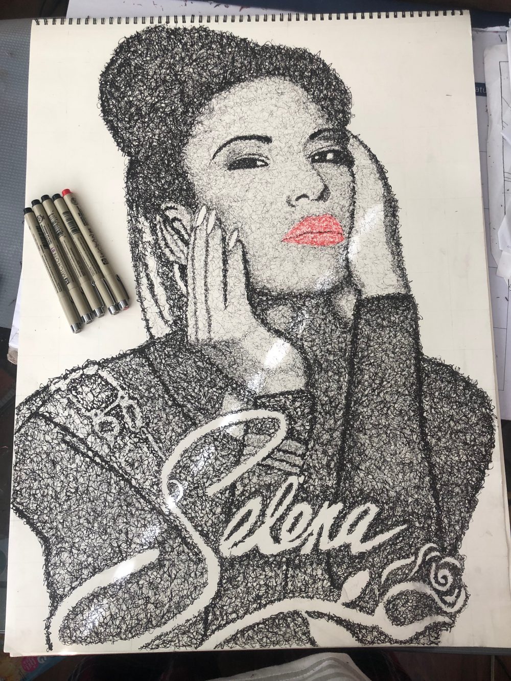 German Amaya, Scribble Portrait Selena Quintanilla , 2019, pigma micron black archival ink on strathmore drawing paper, 24" x 20"