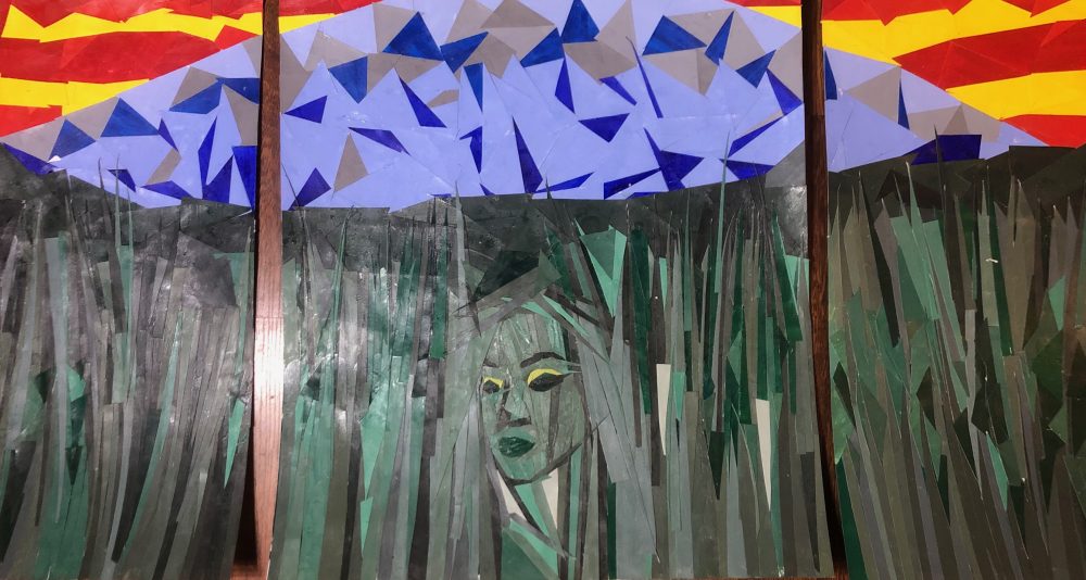 German Amaya, The Grass Bitch, 2019, individually painted paper, cut and glued, in triptych layout, 7.5" x 36"