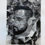 German Amaya, Triangle Self Portrait, 2019, black acrylic paint on cut triangles of paper, glued to paper medium, 17" x 14"