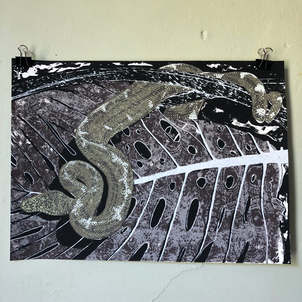 Madeline Guidone, Snakes, 2020, screen print on paper, 11" x 14"