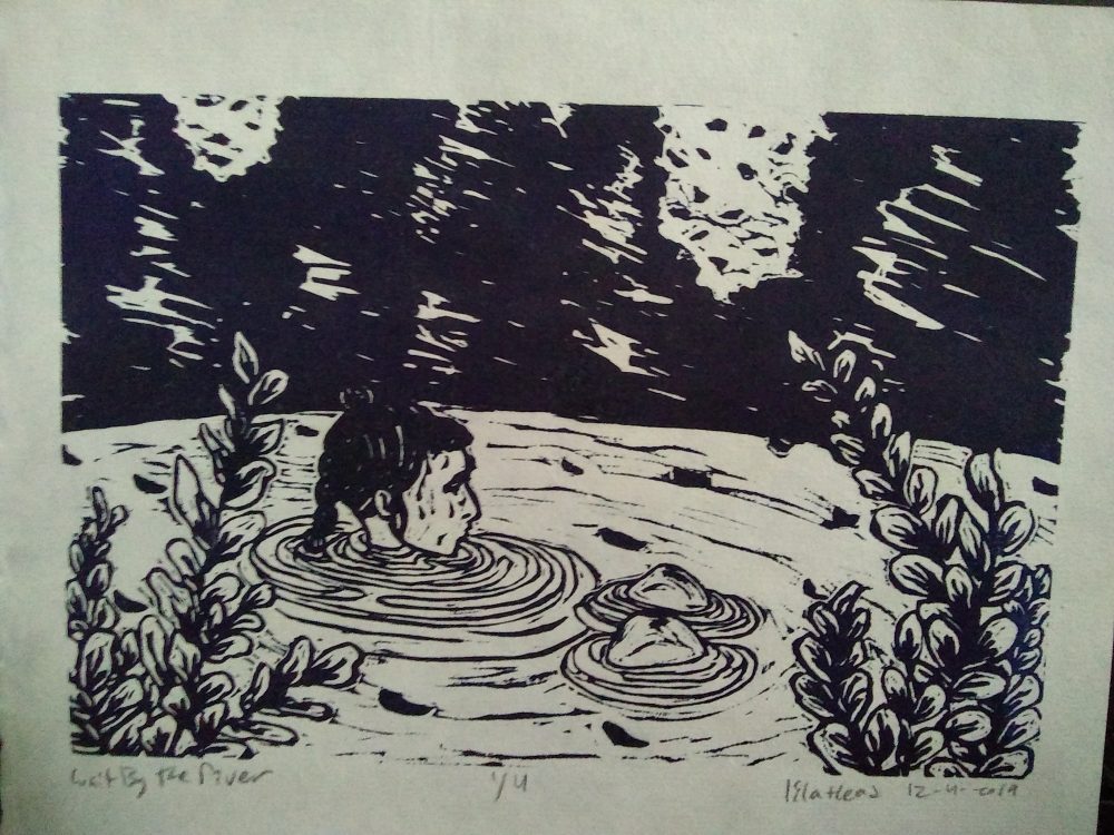 Lila Head, Wait by the River, 2019, linocut on kitakata paper, 9" x 10.3"