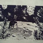 Lila Head, Wait by the River, 2019, linocut on kitakata paper, 9" x 10.3"