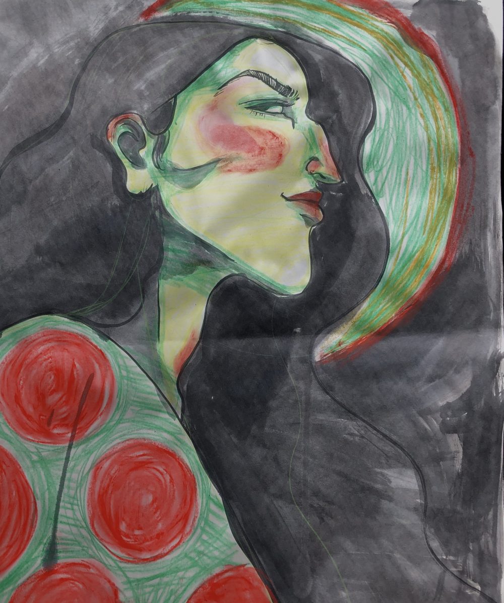 Lou Jenkins-Law, Green Knight Woman, 2020, sumi ink, pastel, and crayon on news print, 24" x 18"