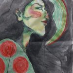 Lou Jenkins-Law, Green Knight Woman, 2020, sumi ink, pastel, and crayon on news print, 24" x 18"
