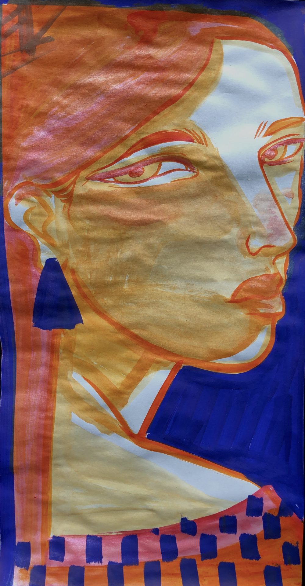 Lou Jenkins-Law, Orange Woman, 2020, paint pen, ink, watercolor on paper, 20" x 10"