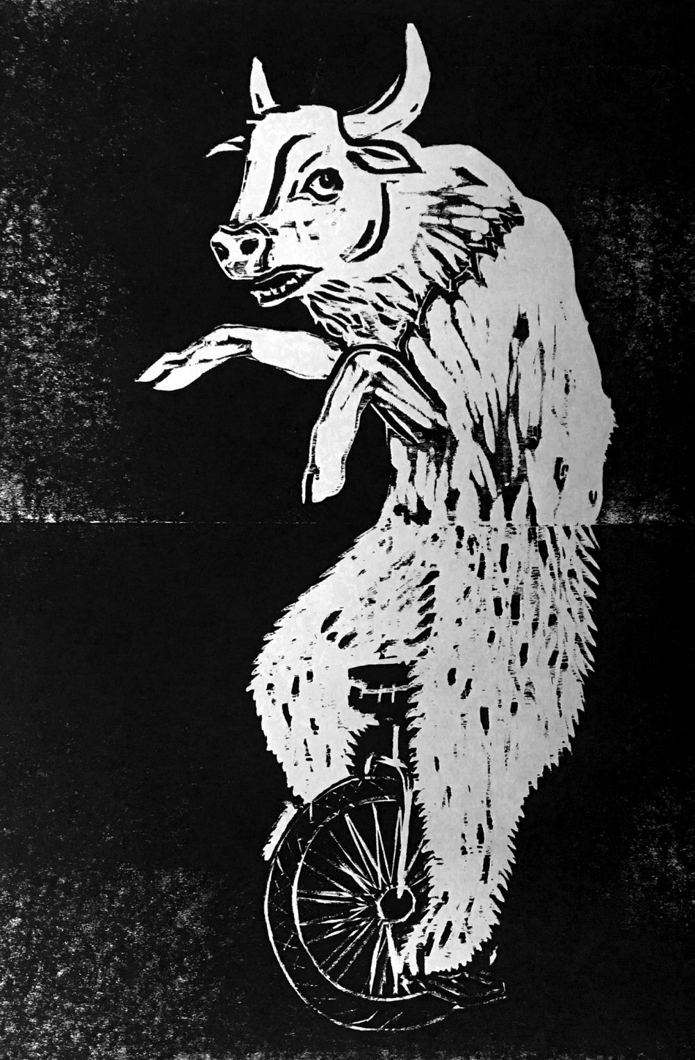 Tony Kane, Bully For You, 2019, woodcut print on paper, 12" x 8"