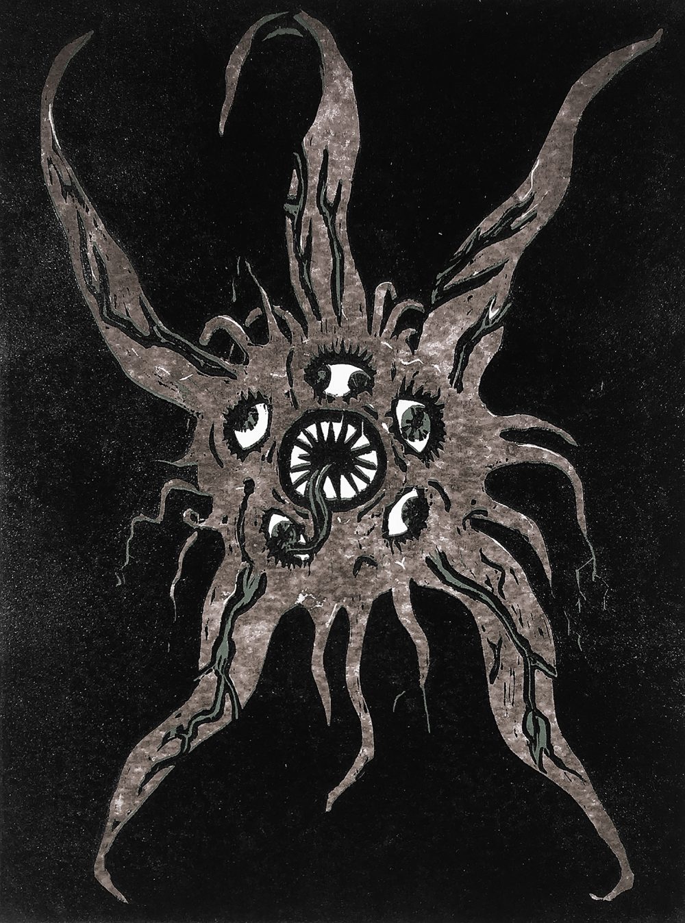 Tony Kane, Drugs, 2019, woodcut print on paper, 10" x 8"