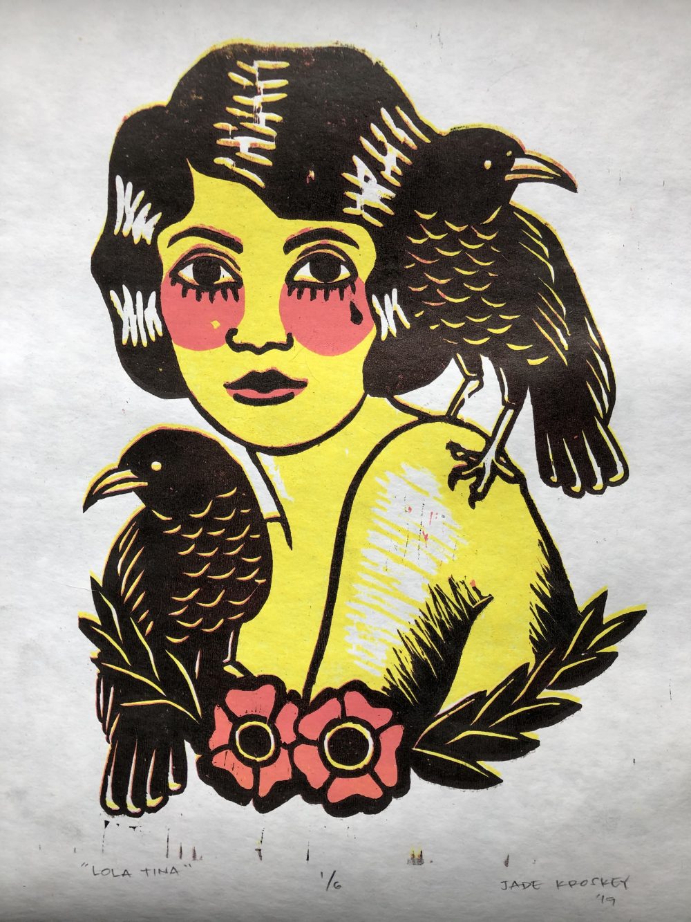 Jade Kroskey, Lola Tina, 2019, relief ink on paper, 11" x 8.5"