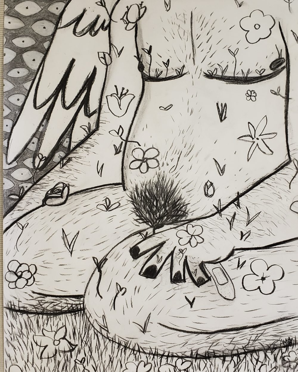 August Mollet, loving the self is a difficult journey, 2020, charcoal, conte on paper, 24" x 18"