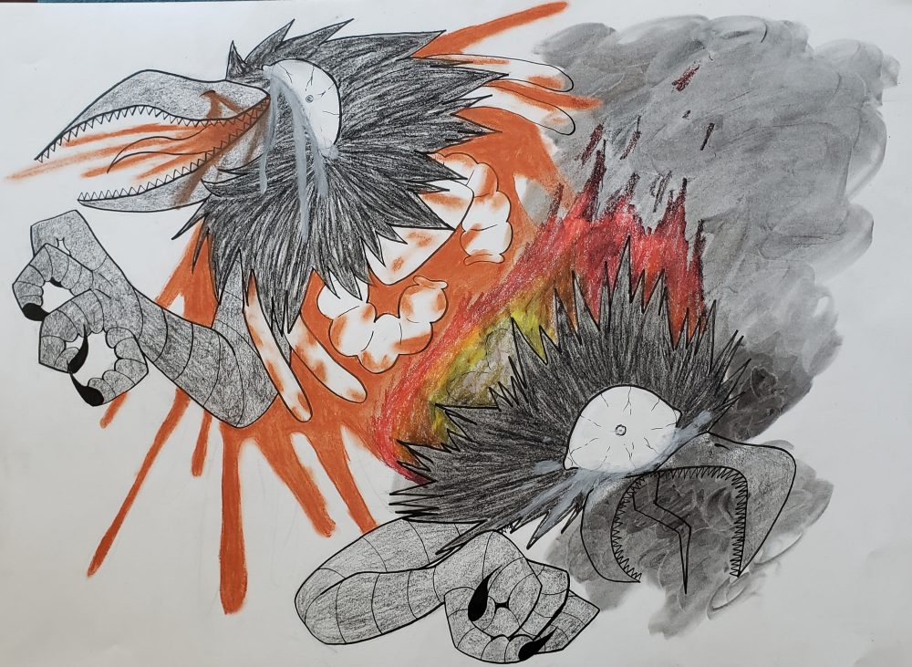 August Mollet, YOU LOVE THE PAIN UNTIL YOU BURN OUT, 2020, ink pen, charcoal, crayons, conte on paper, 18" x 24"