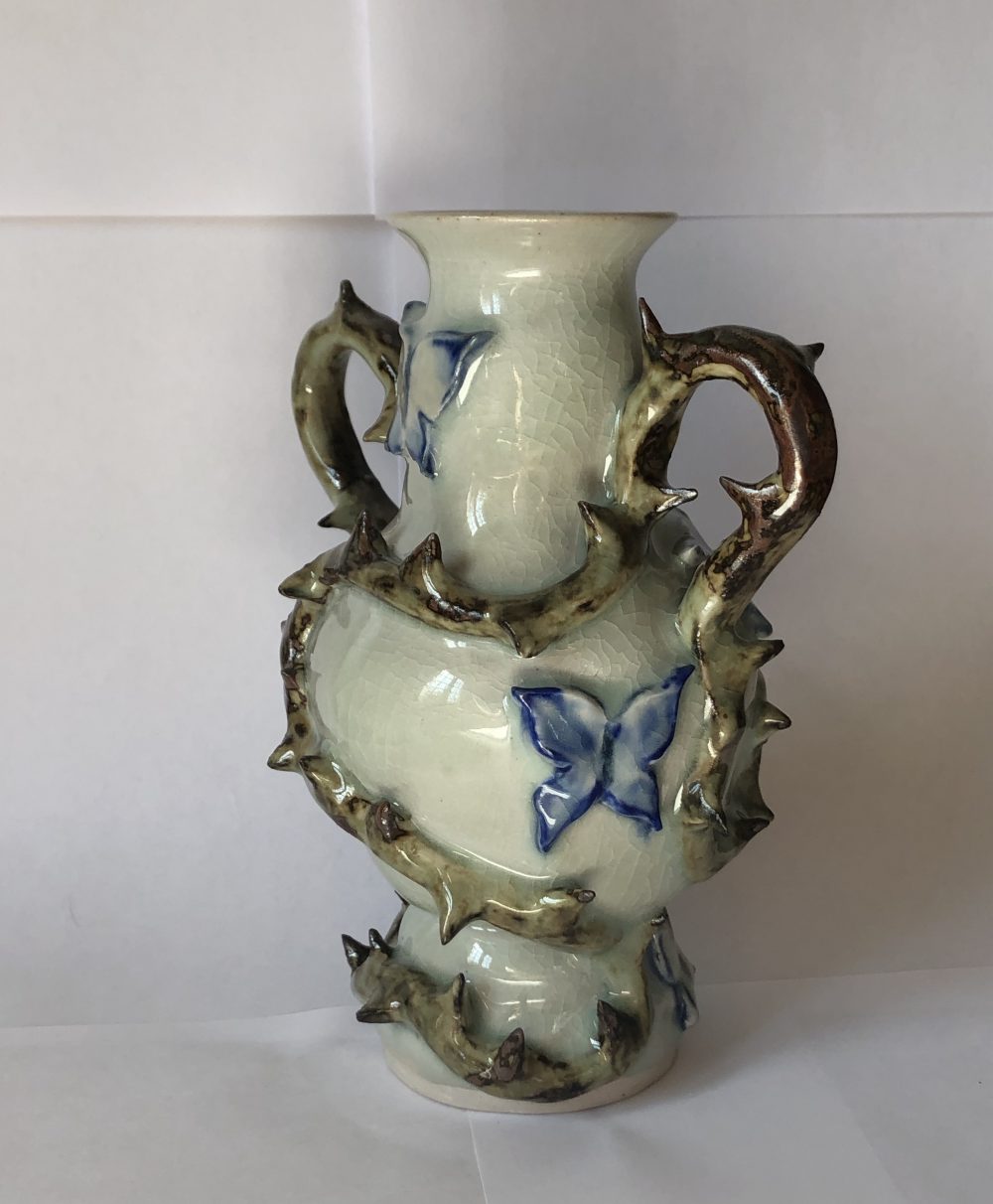Ruby, Nelson, Vase with Thorns, 2020, wheel thrown and hand-built clay, glaze, 8" x 5" x 6"