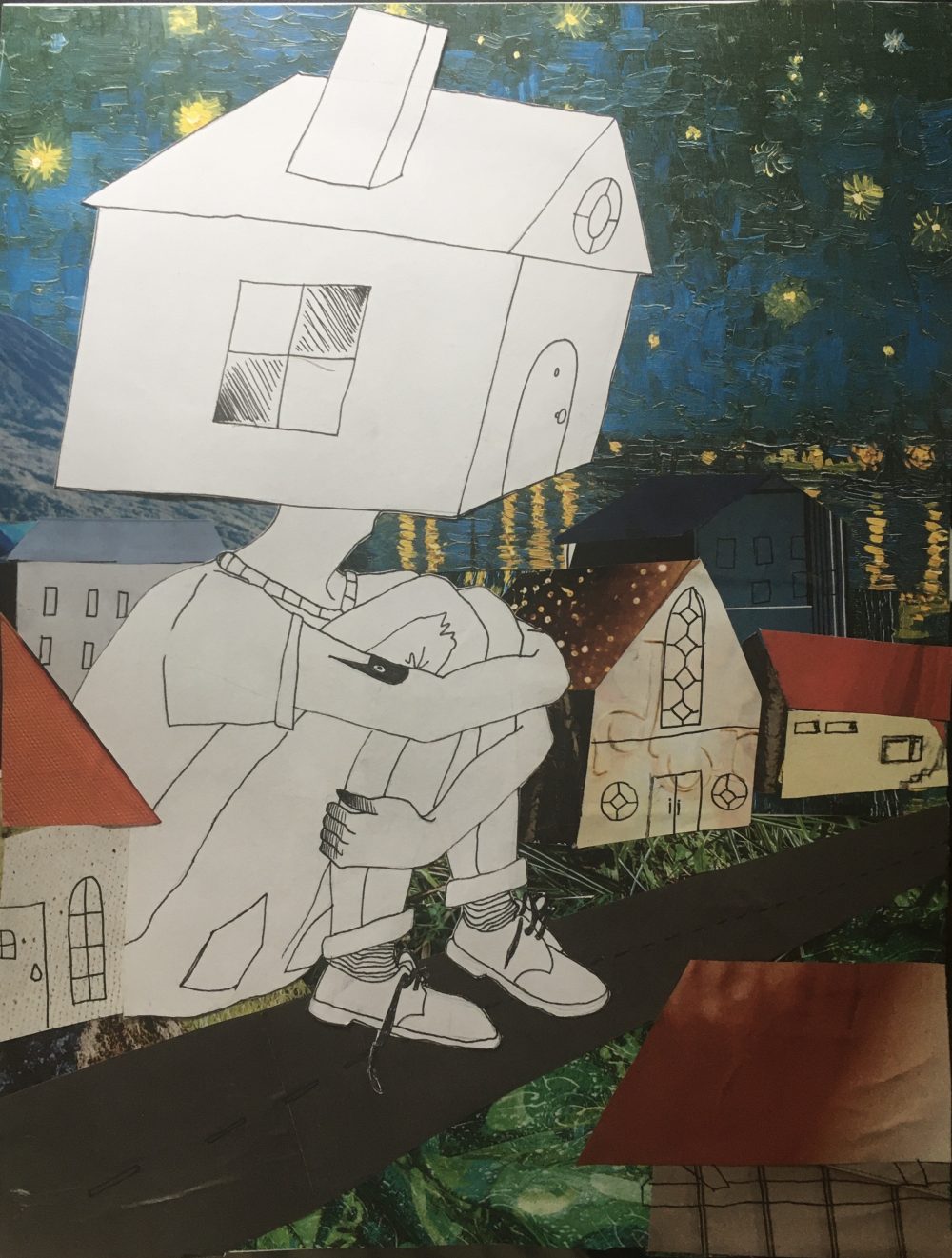 Finn Oviatt, Teenager, 2020, graphite, ink pen, and magazine clippings on paper, 11" x 8 3/4"