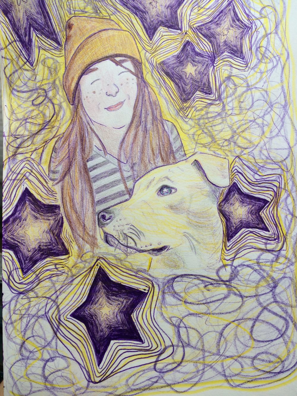 Rowan Sonberg, Willow and Gabija, 2020, ballpoint pen and colored pencil on paper, 8" x 5 1/2"