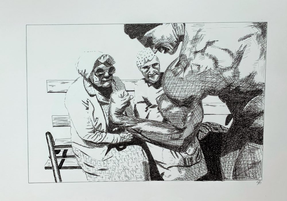 Shania Sweet, Arnold, 2019, pen on paper, 18" x 24"