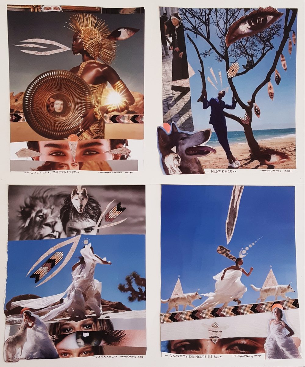 Maryea Torrey, Cultural Zeitgeist, 2019, collage, ink, assemblage, 25" x 20"