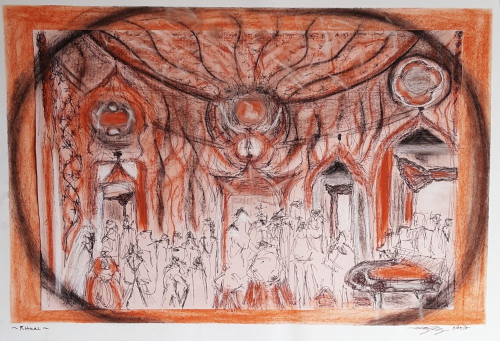 Maryea Torrey, Ritual, 2019, charcoal, conte, ink, paper layers, 18" x 24"