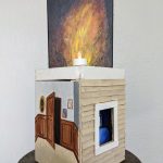 Katherine Wood, The Places I've Slept Won't Let Me Sleep, 2020, acrylic paint, canvas, wooden sticks, battery operated fairy lights and candles, 24" x 14"