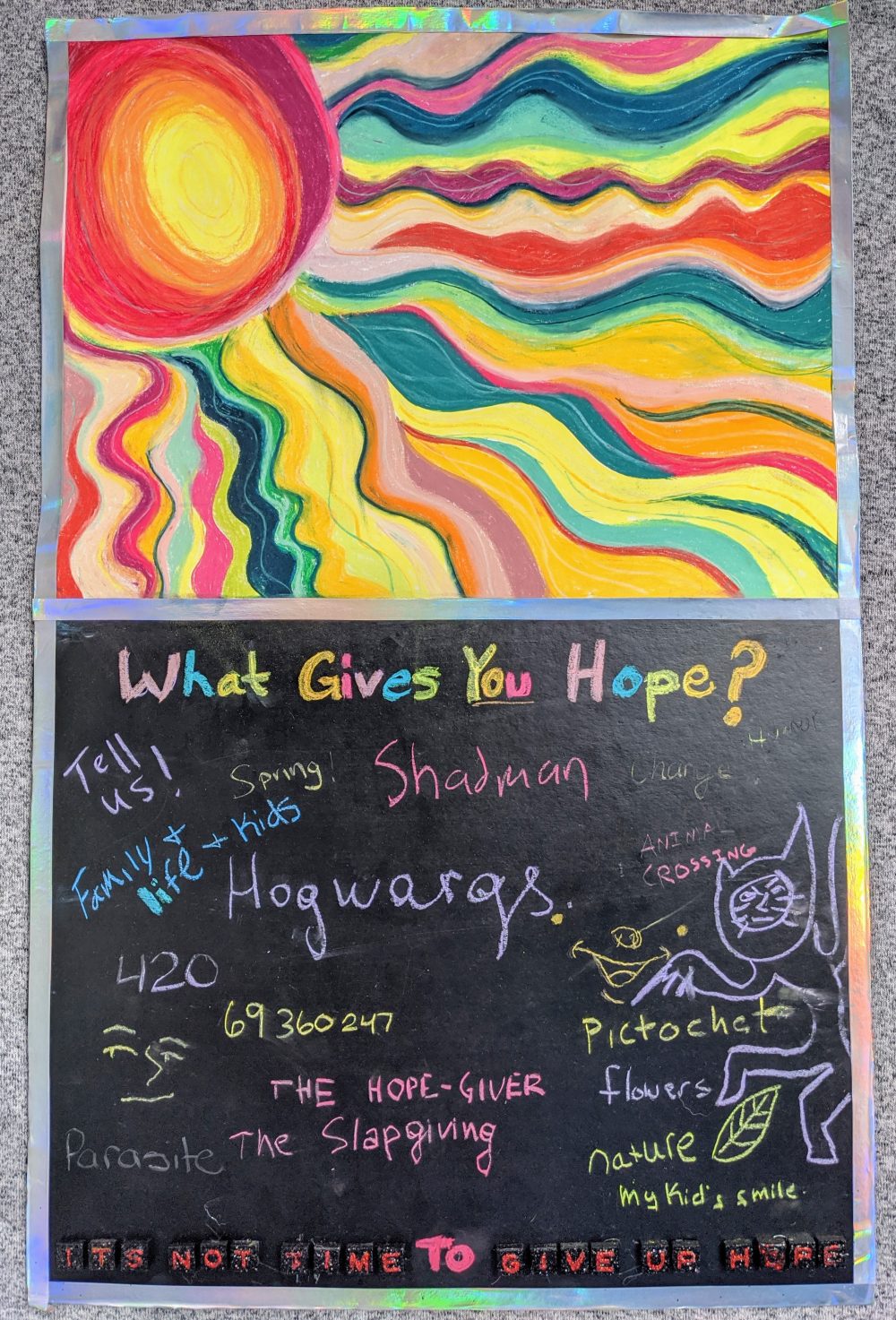 Katherine Wood, What Gives YOU Hope?, 2020, mixed media: chalk, pastel and watercolor paint on paper (upper portion), spray paint, chalk, and tape on poster board (lower portion), 42" x 24"