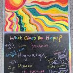 Katherine Wood, What Gives YOU Hope?, 2020, mixed media: chalk, pastel and watercolor paint on paper (upper portion), spray paint, chalk, and tape on poster board (lower portion), 42" x 24"